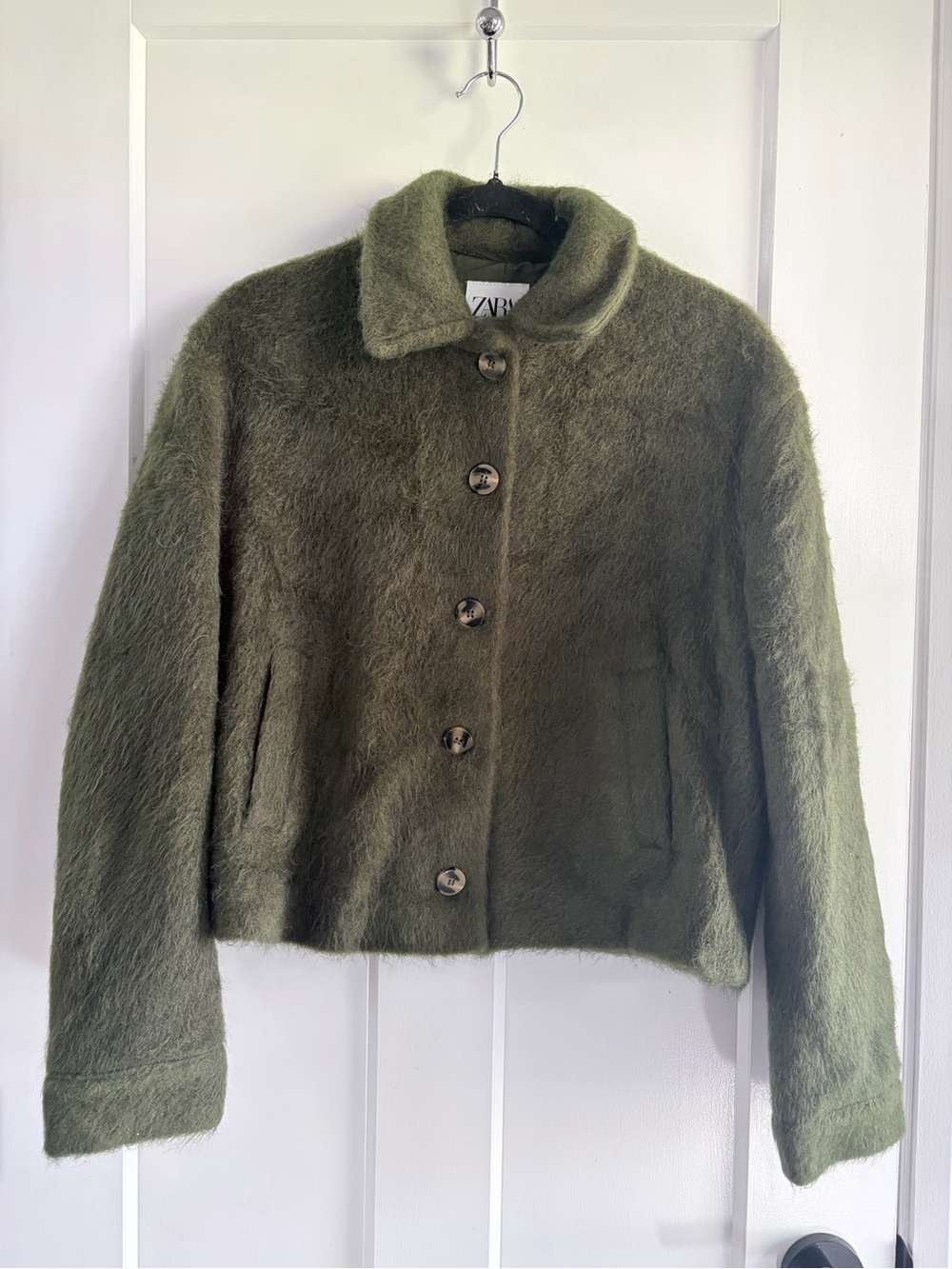 Zara Olive Green Teddy Button-Up Jacket